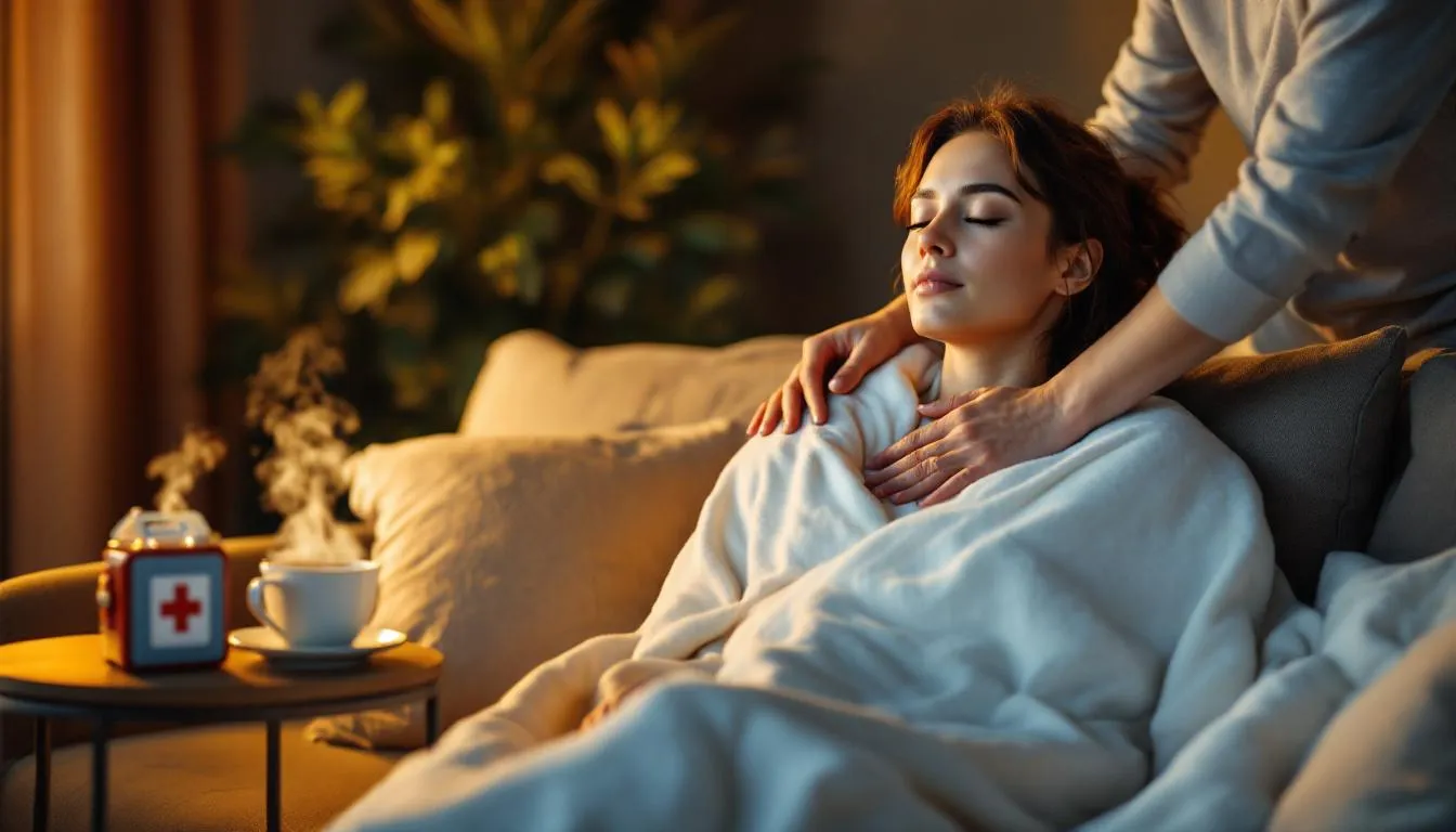 In a dimly lit room, one partner, wrapped in a soft blanket, receives a gentle shoulder massage while sharing feelings, emphasizing the importance of emotional support and physical closeness in aftercare. A warm drink and first-aid kit nearby symbolize the blend of emotional and physical needs that contribute to mutual respect and emotional well-being after an intense BDSM scene.