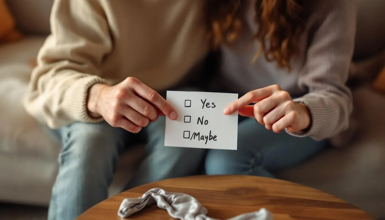 In a warm, intimate setting, a couple joyfully engages in a "Yes/No/Maybe" list, their fingers pointing to the same "Yes" item, reflecting their emotional intimacy and clear communication about their desires. Nearby, a silk blindfold symbolizes the trust and exploration of light bondage within their sexual experiences, emphasizing the importance of mutual understanding in their playful BDSM activities.