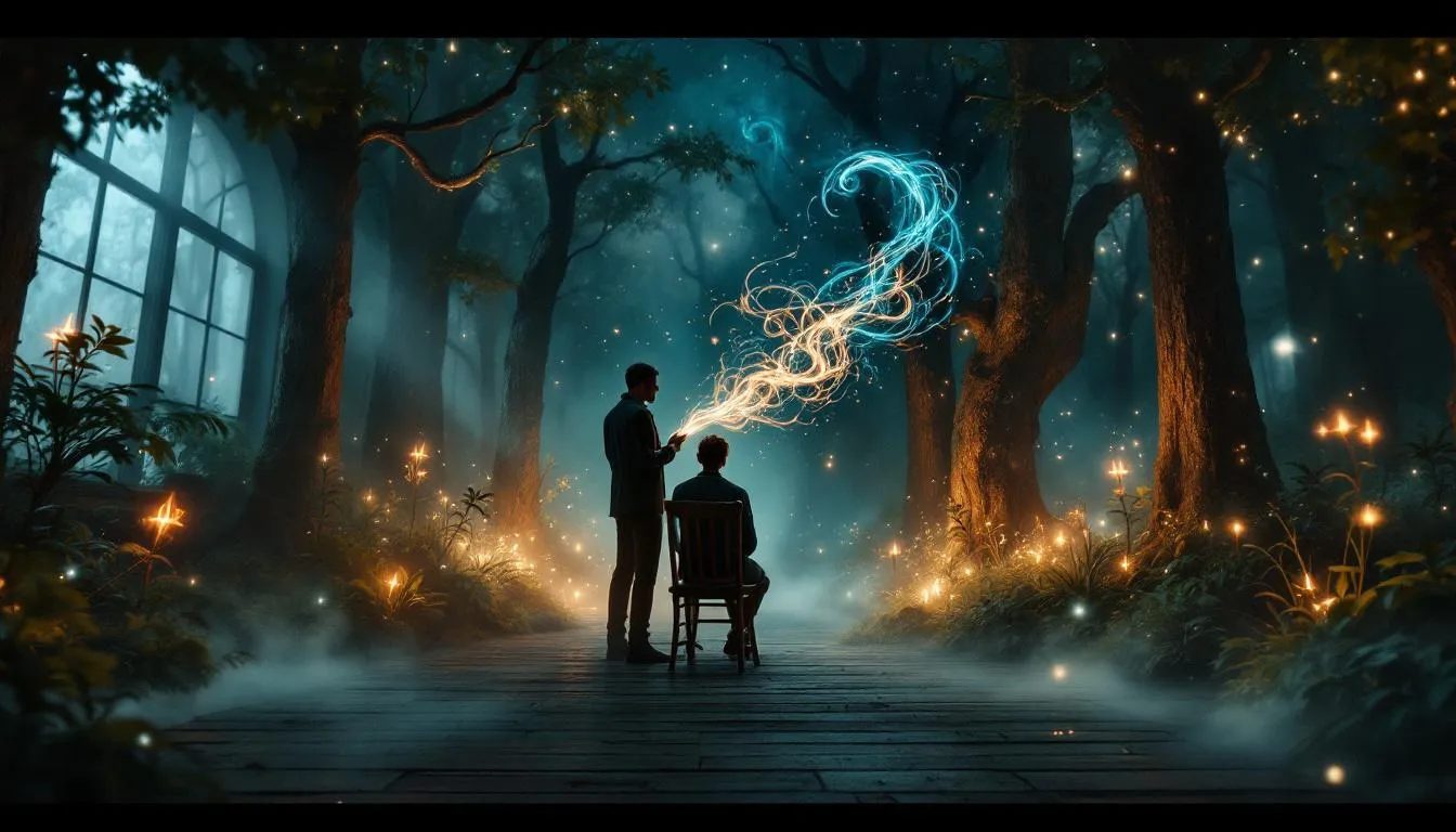 In this magical scene, a storyteller weaves a vibrant forest around an entranced listener, as tendrils of light and shadow swirl from their lips, showcasing the tangible power of narrative to create immersive worlds. The captivating interplay of words and visuals highlights the art of storytelling, inviting players to explore interesting characters and their adventures within this enchanting setting.