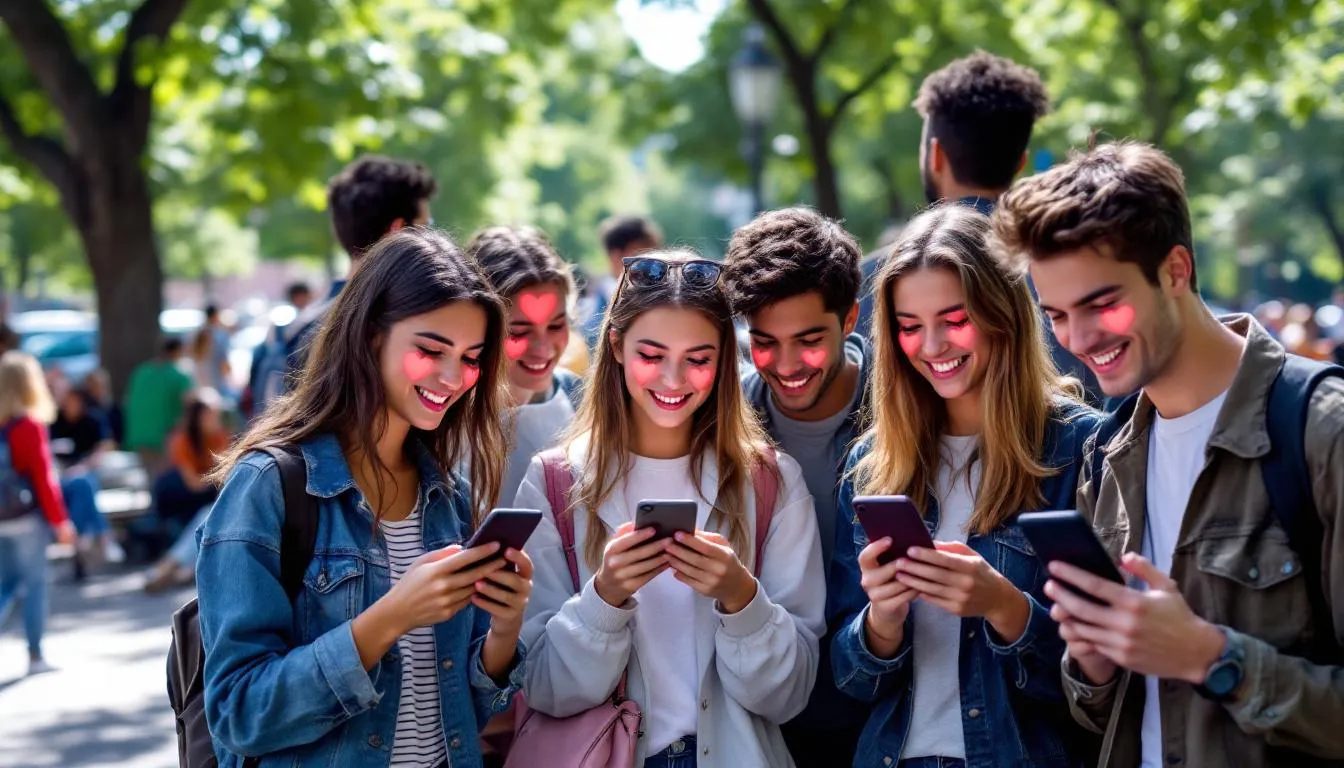 A lively group of young individuals is gathered together, each intently focused on their phones, surrounded by floating hearts, symbolizing connection and affection. This scene reflects the engaging atmosphere of adult chat rooms and video chat platforms, where users interact and share playful exchanges with random strangers.