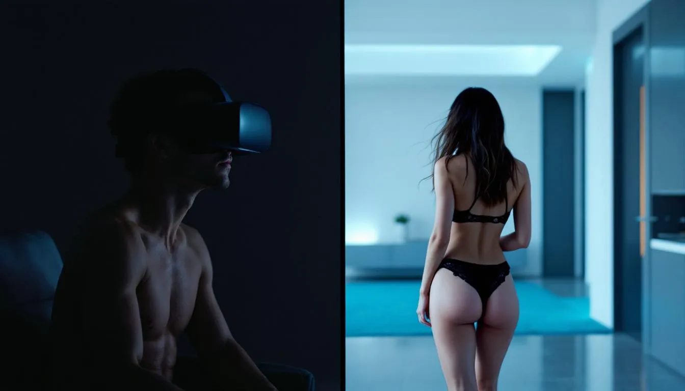 The image depicts a topless male wearing a VR headset, engaged in a virtual environment where his point of view reveals a female figure dressed in lingerie. This scene highlights the intersection of technology and human relationships, raising important questions about emotional connections in the age of AI companionship.