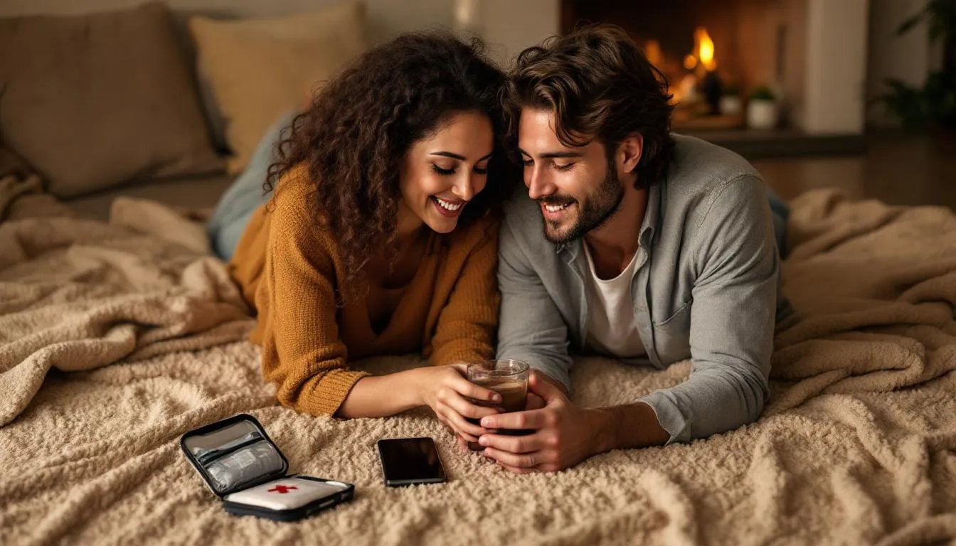 The image depicts a couple in a cozy aftercare scene on a soft rug, sharing chocolate and water while their hands are intertwined over a phone displaying movie options. An open first-aid kit nearby suggests the importance of addressing any minor injuries from their BDSM session, highlighting the emotional support and intimacy that follow intense scenes.