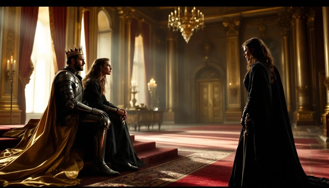 On a silk-draped dais, a crowned player observes as a loyal knight and a rival sorceress engage in a tense stare-down, hinting at a power struggle not just for the throne but for the honor of serving the protagonist first, set in a captivating fantasy world filled with erotic adventures and intriguing characters.