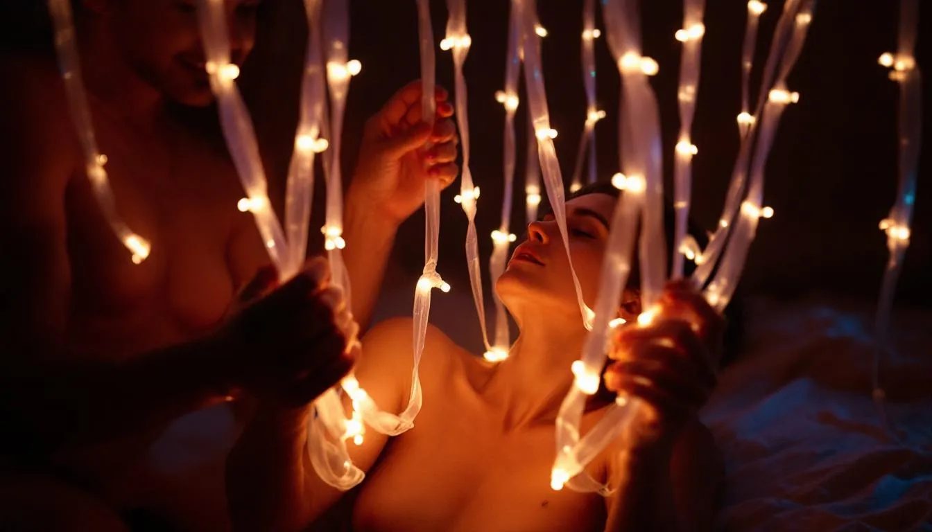 The image depicts a captivating scene of consensual puppeteer play, where a dominant figure expertly controls glowing strings attached to their submissive partner's wrists. The submissive appears entranced and blissful, embodying a moment of trust and surrender, illuminated by a soft, ethereal glow that enhances the fantasy of mind control and roleplay.