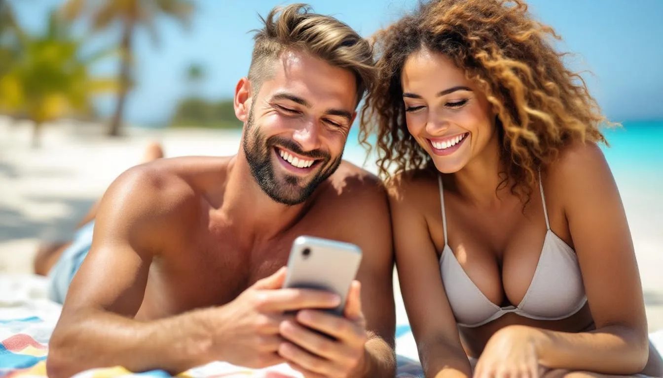 The image features a happy topless man and a cheerful woman in lingerie, both engaged with their phones, suggesting a lighthearted moment of connection. This scene captures the essence of casual conversations and relaxed interactions, reminiscent of friendly one on one meetings where team members share joy and discuss ideas.
