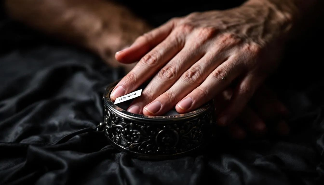The image depicts a powerful moment of consensual BDSM, showcasing a submissive's hand resting within an ornate cuff, gently touching a safe-word card, while a dominant's hand covers theirs in a gesture of trust. The dramatic lighting emphasizes the themes of mutual respect and the structured power exchange, illustrating the difference between fantasy play and the reality of consent.