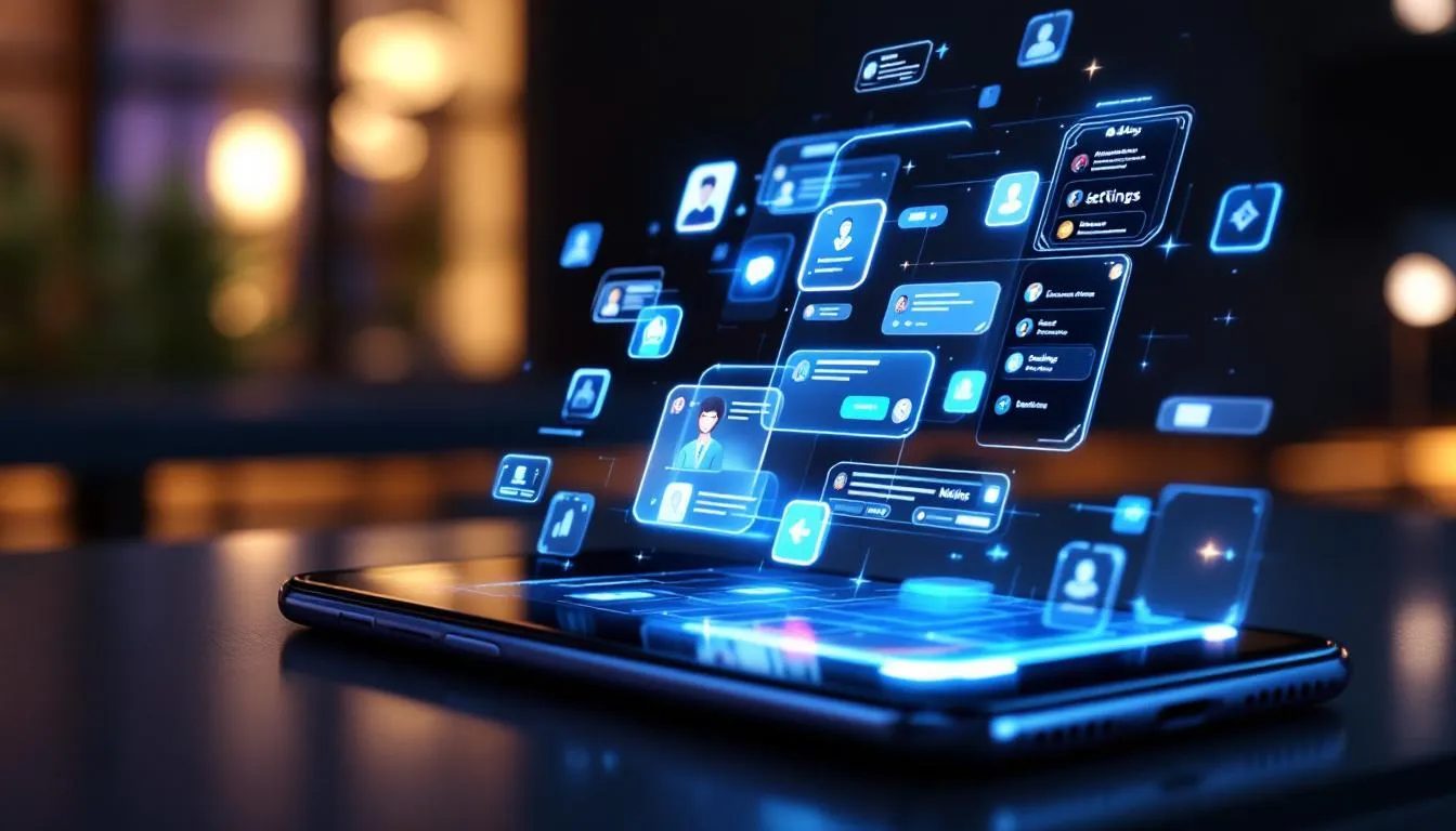 A modern smartphone showcases a futuristic adult chat interface, featuring advanced models of AI chatbots designed for engaging and explicit conversations. This easy-to-use platform offers various tools for human interaction, allowing users to explore intimate experiences and create real connections in digital spaces.