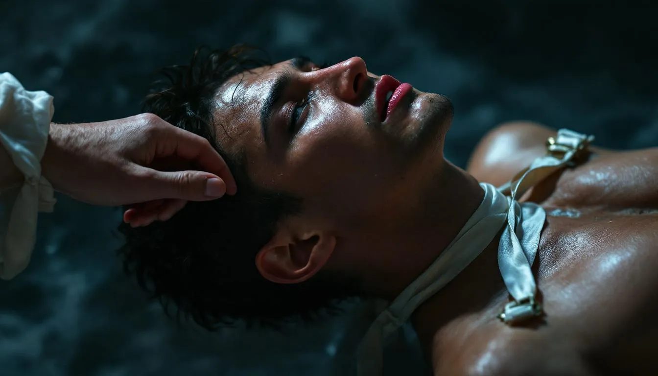 The image depicts a scene of intense anticipation in a BDSM play setting, where a submissive partner, restrained by soft silk ties, arches their back in a mix of pleasure and desperation, while a dominant partner's hand hovers just out of reach. The atmosphere is charged with teased control and the promise of release, highlighting the power dynamics and emotional responses typical in bondage play.