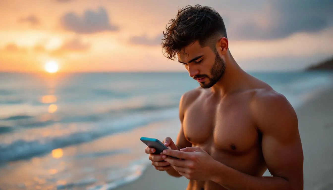 A topless man is intently looking at his phone, possibly engaging in casual conversations or exploring adult chat platforms. The scene suggests a relaxed atmosphere, where he might be navigating through chat rooms or video chats, seeking engaging interactions.