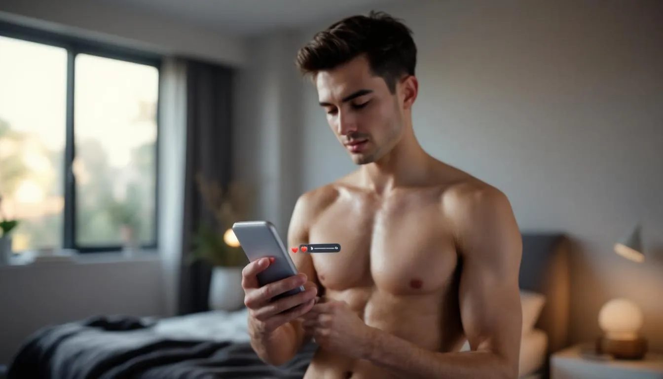A topless young man is absorbed in using an AI companion app on his mobile device, surrounded by floating hearts that symbolize emotional connections. This image highlights the growing trend of AI relationships and companionships, illustrating how technology is shaping human interactions and the future of dating.