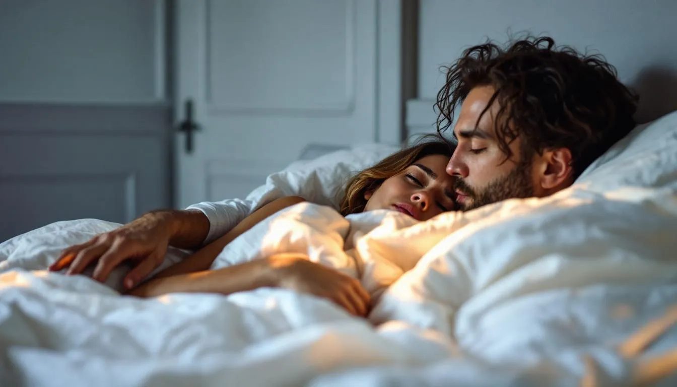 An intimate aftercare moment captures a dominant partner gently cradling their trembling submissive in soft sheets, whispering affirmations to foster trust and emotional connection. The warm, safe lighting enhances the atmosphere, creating a controlled environment where vulnerability and support are paramount.