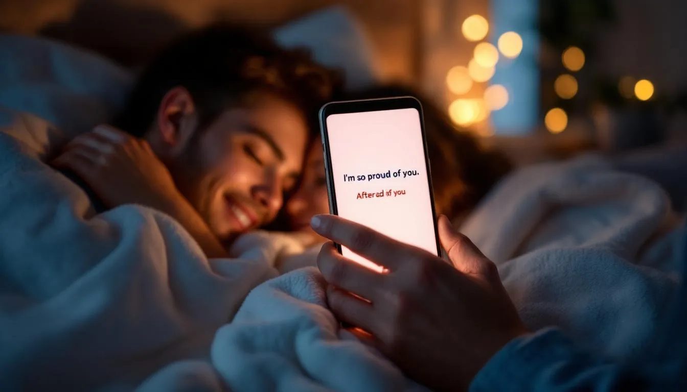The image depicts a warm and intimate scene where a person's phone screen glows with a heartfelt aftercare message, "I'm so proud of you." In the background, the recipient embraces the phone against their chest, smiling softly while nestled under a cozy weighted blanket, highlighting the emotional connection and support that follows an intense BDSM scene.