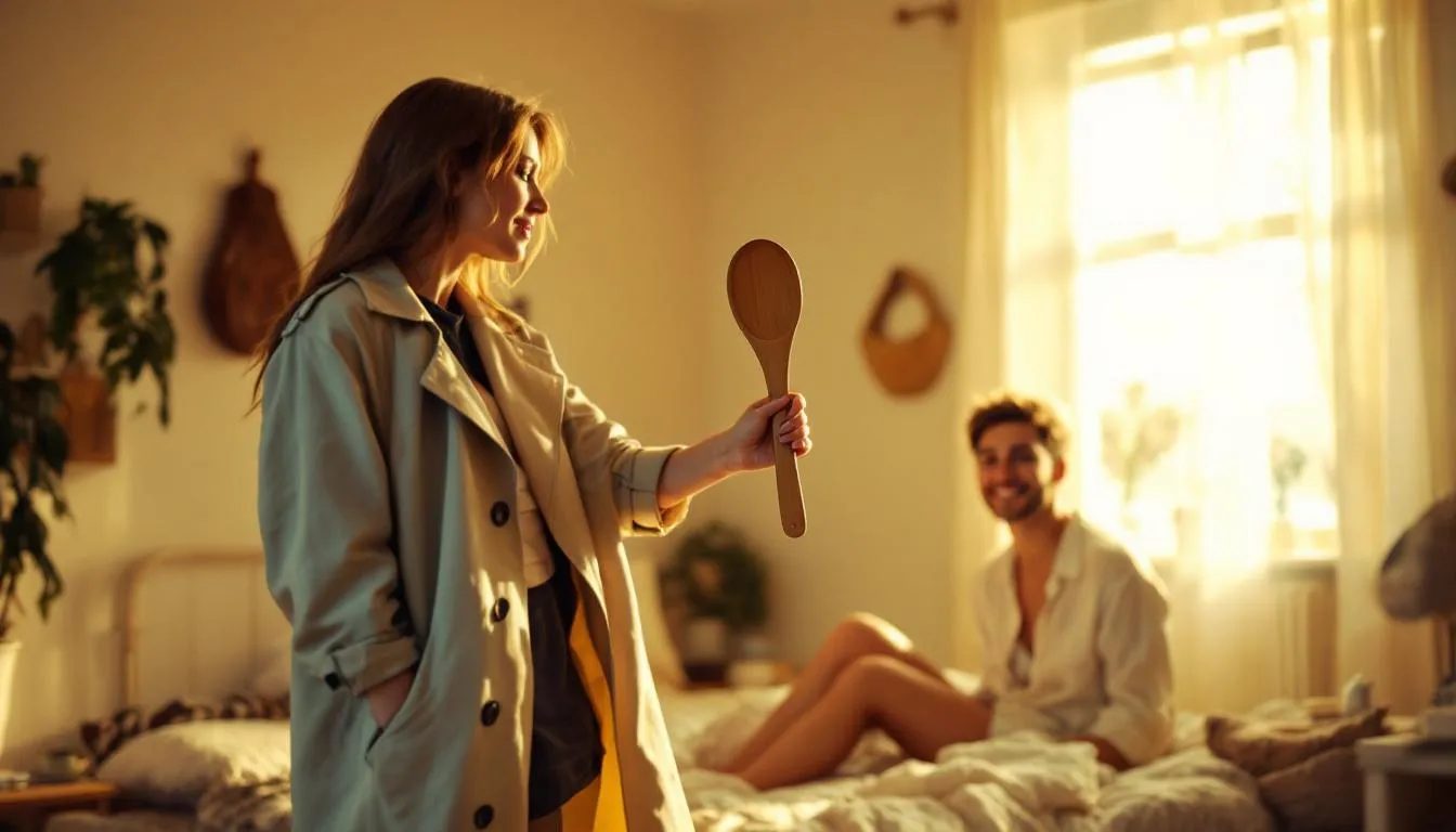 In a cozy bedroom illuminated by warm lighting, a person playfully engages in a lighthearted role play scenario, wearing a repurposed trench coat and wielding a wooden kitchen spoon as an interrogation prop. Their partner, watching from the bed with a smile, adds an element of anticipation to this creative and immersive scene.