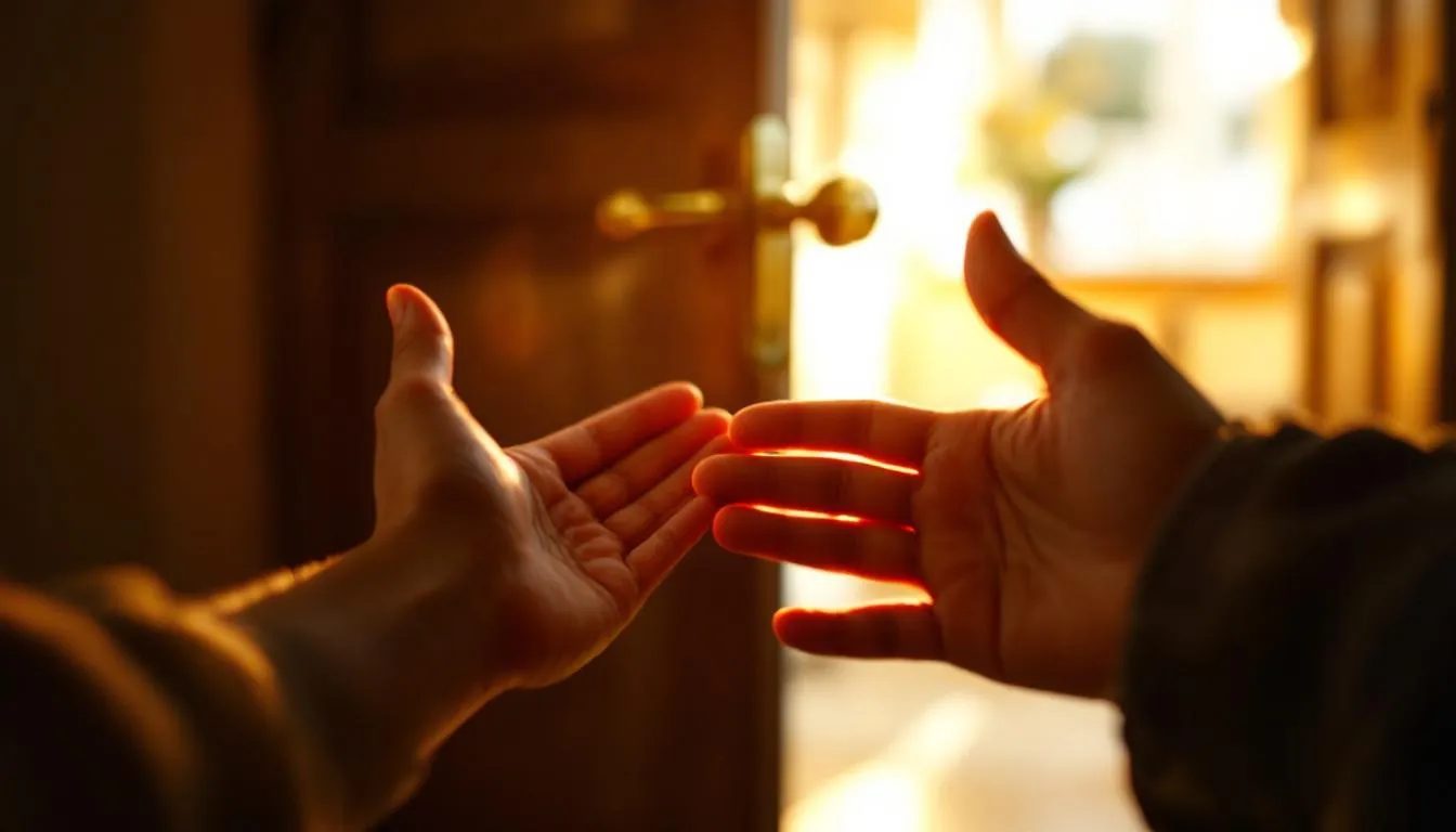 The image depicts a newcomer's hand being gently guided by an experienced hand toward a warmly lit doorway, symbolizing the welcoming atmosphere of a local BDSM community gathering. This moment captures a blend of tentative excitement and supportive connection, inviting individuals to explore their interests and meet like-minded people in the BDSM scene.