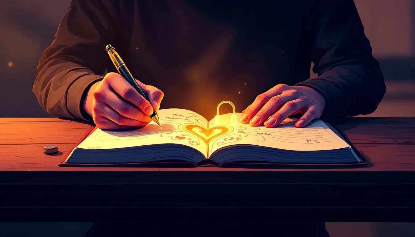 A thoughtful person is writing in a journal, with a pen that emits a soft light, creating intricate patterns of abstract symbols representing power, desire, and fear on the page. This serene scene evokes a sense of self-understanding and emotional exploration, reflecting the complexities of human sexuality and the integration of various taboo fantasies in our lives.