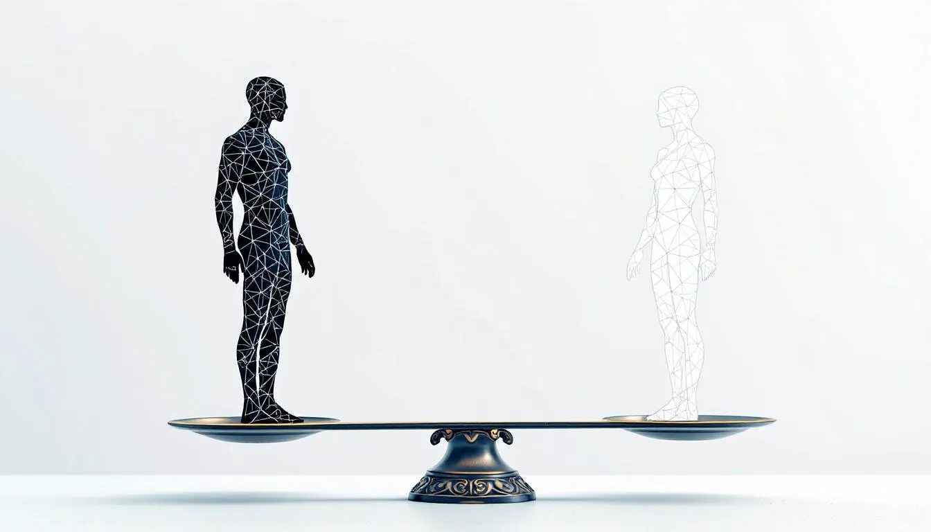 The image depicts two abstract human figures in a balanced power dynamic, standing on antique scales; one figure represents dominance with dark geometric patterns, while the other symbolizes submission with flowing light shapes. They are connected by a glowing thread, emphasizing the importance of communication and trust in BDSM relationships, highlighting key elements like mutual respect and informed consent.