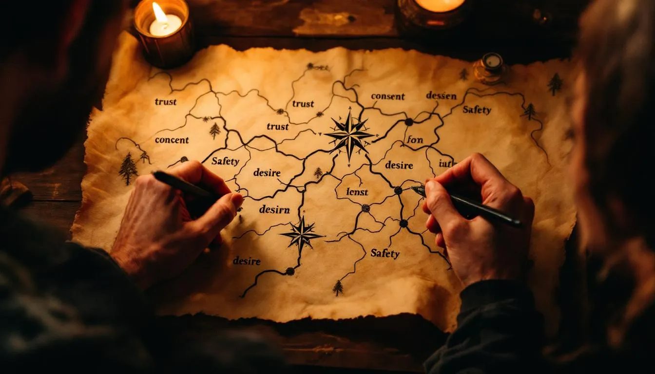 The image depicts two hands working together to create an intricate map on aged parchment, featuring interconnected paths labeled with words such as 'trust,' 'consent,' and 'desire,' and a central compass rose pointing to 'Safety.' This collaborative effort symbolizes the importance of emotional connection and power dynamics in BDSM practices, illuminated by the warm glow of a single candle.