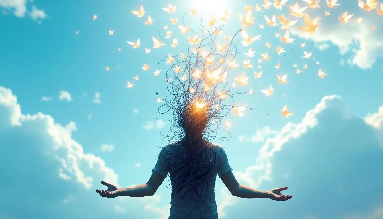 The image depicts a human figure in a posture of release, surrounded by a storm of dark, tangled threads symbolizing neuroticism and stress, which transform into a flock of glowing birds against a serene sky, representing emotional catharsis and restorative happiness. This visual metaphor reflects the journey of stress relief and emotional connection often explored within the BDSM community, highlighting the transformative power of release in both physical and emotional contexts.