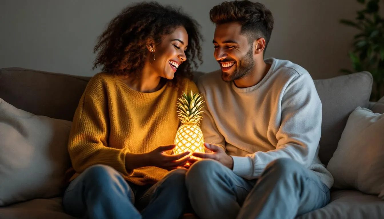 In a cozy setting, two partners share a joyful laugh on a couch, with a glowing pineapple symbolizing their playful safe word resting between them. This warm scene highlights the emotional connection and mutual respect that safe words provide, enhancing their intimacy and fostering vulnerable communication in their romantic relationship.