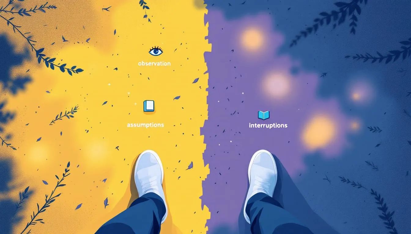 The image depicts a person's feet standing at a crossroads, with one path brightly lit and marked by icons for 'observation' and 'learning', symbolizing a safe and respectful approach to BDSM practices, while the other path is obscured by mist, hinting at the dangers of assumptions and interruptions in the BDSM community. This visual metaphor emphasizes the importance of informed consent, emotional safety, and clear communication in navigating power dynamics and BDSM scenes.