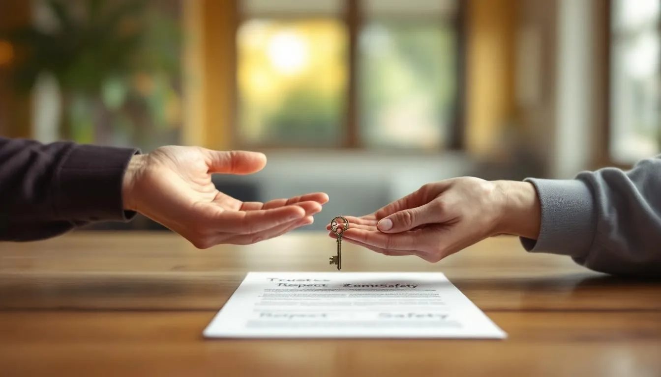 The image depicts two hands meeting at the center of a table, one gently placing a small, intricate key into the other's open palm. A handwritten contract with the words "Trust," "Respect," and "Safety" is visible between them, symbolizing the calm negotiation essential for exploring fantasies in a role play scenario.