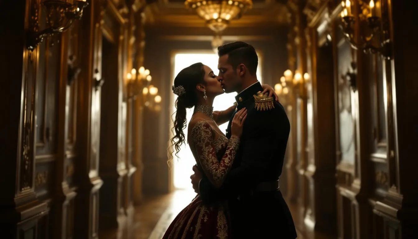 In a hidden, opulent corridor, a princess and her bodyguard share a passionate kiss, their attire contrasting the tension of their forbidden romance. The dramatic lighting heightens the intimacy of this moment, capturing the essence of a romantic encounter often found in erotic fantasy role playing games.