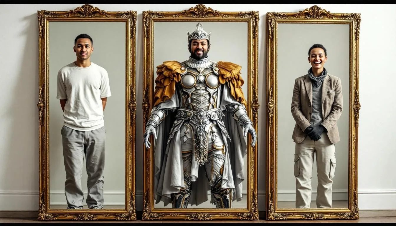 The image features a triptych mirror illustrating a person's transformation through a role play scenario. In the first panel, they appear uncertain in ordinary clothes, while the second shows them halfway into a lavish costume, and the final panel reveals a confident character radiating joy, embodying the fun and acceptance of the creative journey.