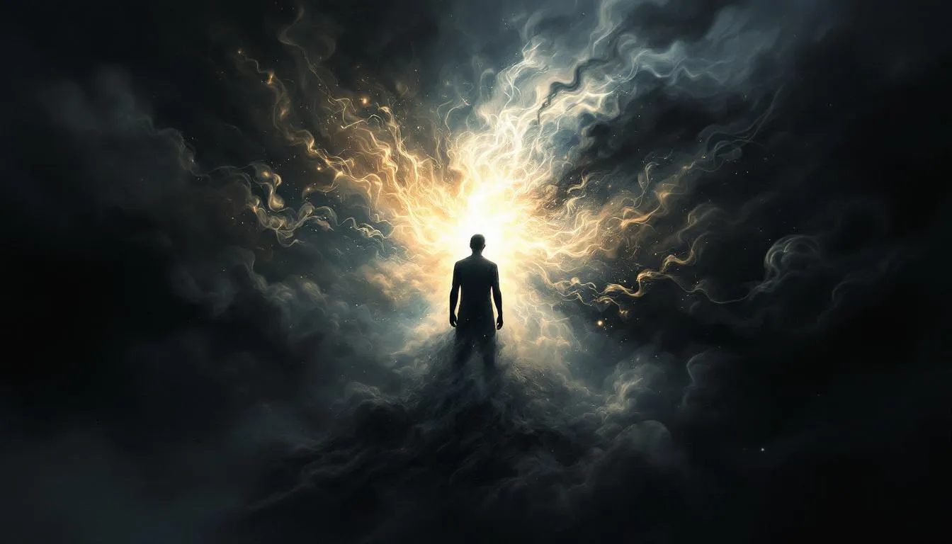 The image depicts a human figure surrounded by a tumultuous storm of dark, tangled smoke, symbolizing pent-up emotional energy, which is being released and transformed into a radiant cascade of light through controlled breathing techniques. This powerful representation emphasizes the importance of mindful breathing and its role in enhancing sexual health and intimacy.