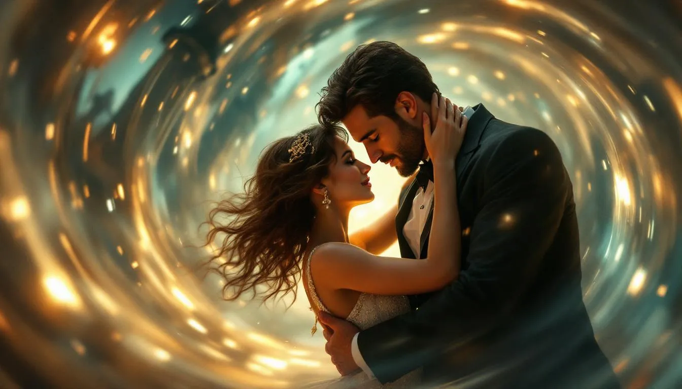 The image depicts two time travelers locked in a passionate embrace, surrounded by a shimmering vortex that showcases fleeting glimpses of ancient Rome, the Victorian era, and the 1920s. Their connection serves as a stable, romantic center amidst the chaos of swirling historical eras, symbolizing a desire that transcends time, reminiscent of the emotional depth found in erotic fantasy role-playing games.