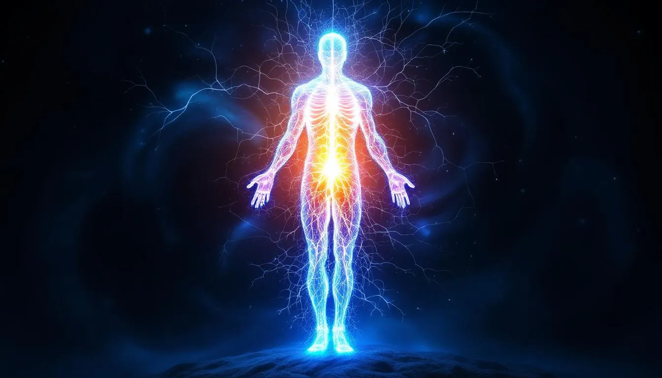 An abstract image depicts a figure at the center, surrounded by swirling energy that represents the peak of controlled arousal. A luminous thread of light traces their nervous system, symbolizing the mastery of orgasm control techniques, focusing on internal signals to enhance pleasure and build anticipation during sexual encounters.