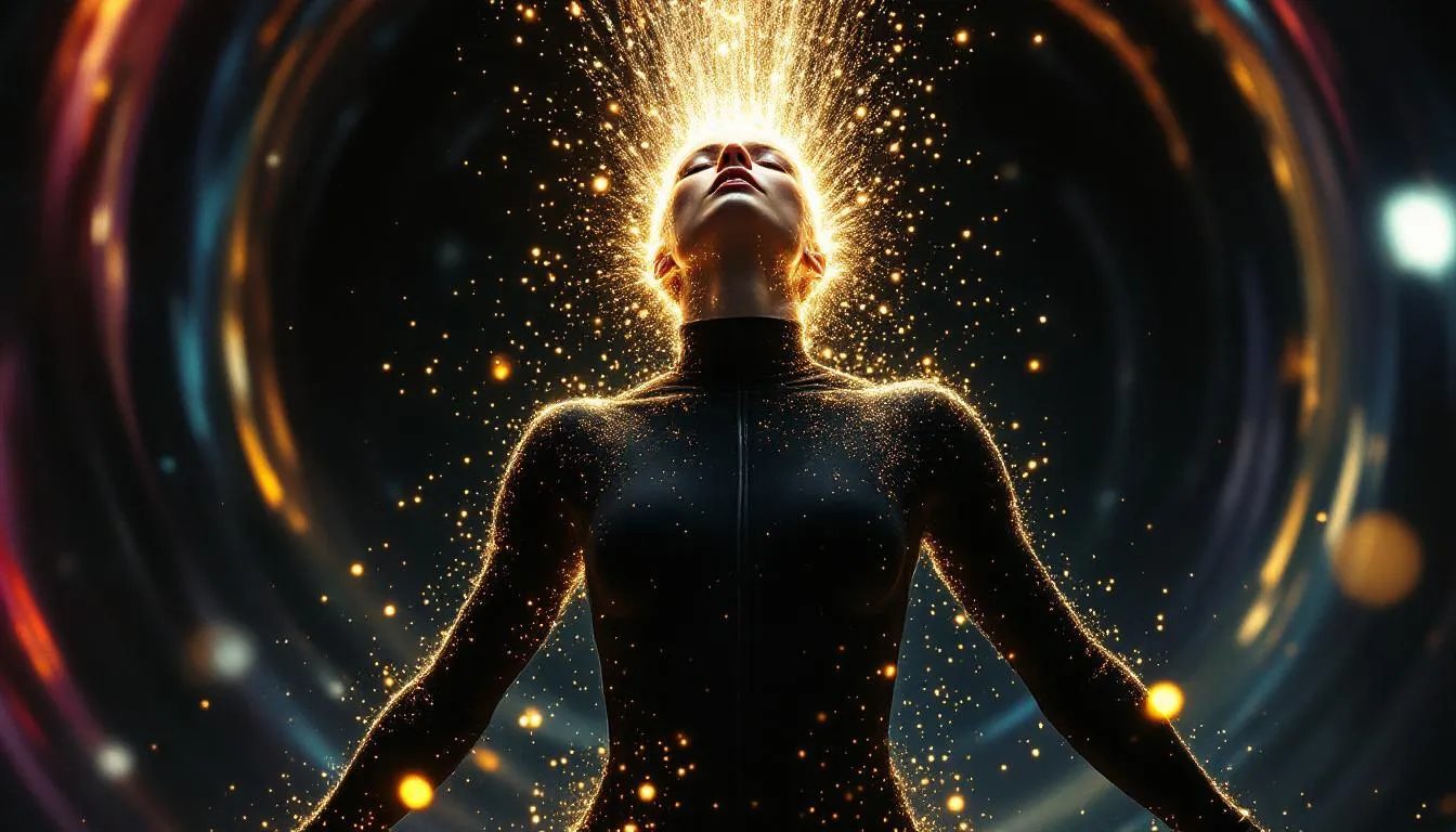 The image depicts a person in a state of ecstatic release, their head tilted back as they transform into a cascade of shimmering light, symbolizing the thrill of edge play and the adrenaline rush of exploring power dynamics. The dark, abstract vortex background represents the intense experience and potential risks involved in high-risk BDSM activities, emphasizing the importance of informed consent and safety measures.