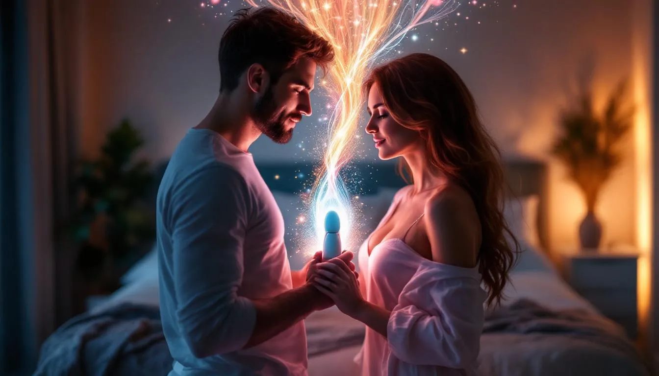 A couple embraces tenderly in a warm bedroom, gently holding a modern sex toy between them, from which a cascade of soft, colorful light flows, symbolizing their deepened connection and open communication. This intimate scene captures the essence of partnered play and the joy of incorporating sex toys into their shared adventure.