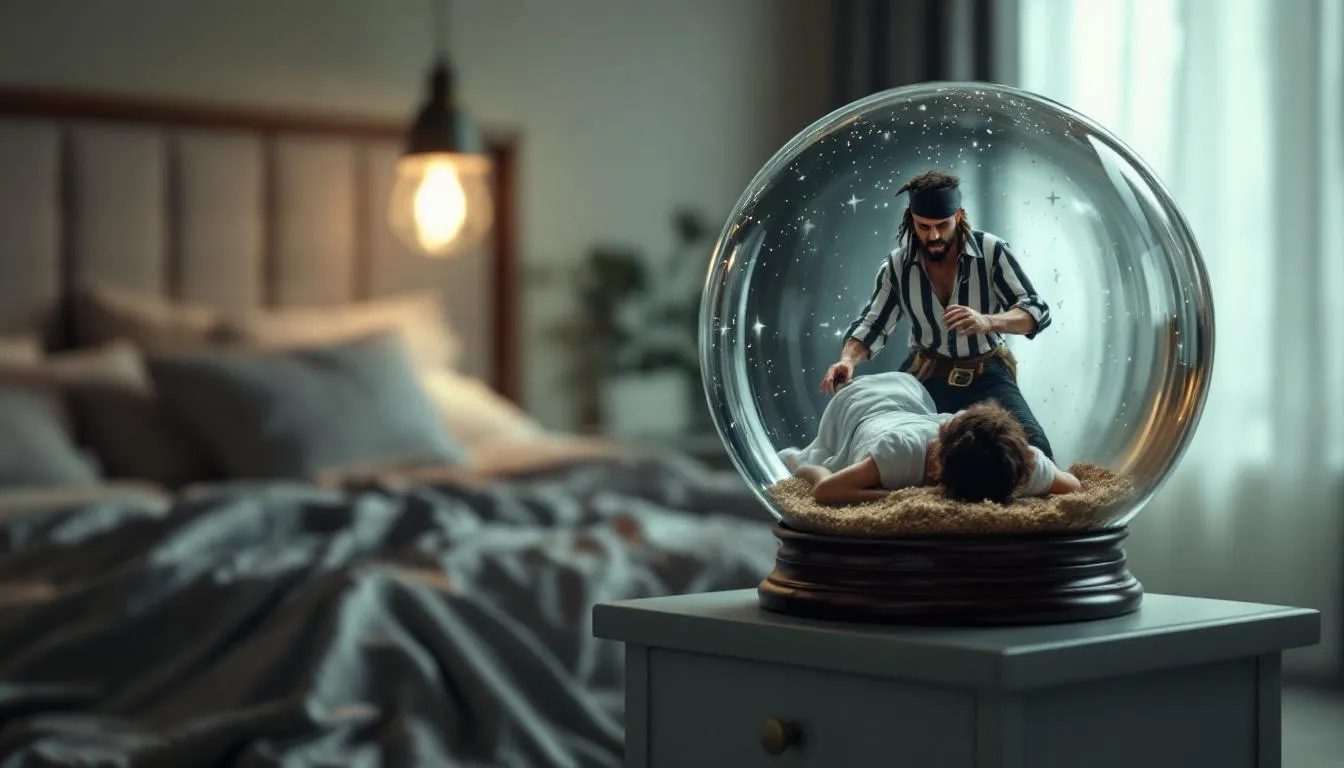 The image depicts a dramatic role-play scene within a snow globe, featuring a pirate and a captive, symbolizing the exploration of taboo fantasies. Outside the globe, a serene modern bedroom represents the safety and consent necessary for engaging in such sexual fantasies in real life.