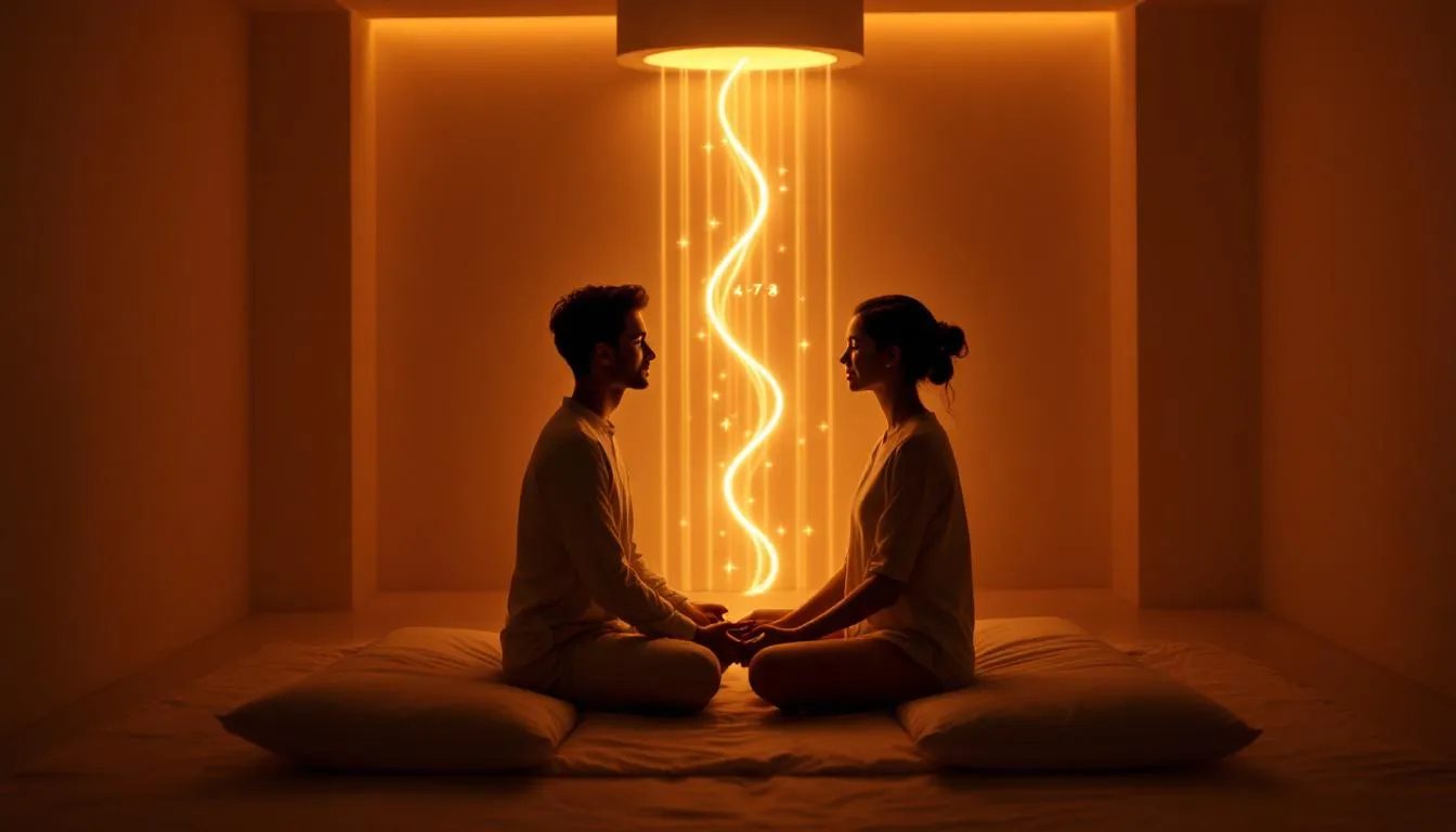 The image depicts a tranquil sanctuary for intimacy, where a couple sits facing each other amidst soft cushions and warm, dim lighting. A gentle, rhythmic wave of light pulses between them, facilitating synchronized breathing and enhancing their mindful connection, promoting relaxation and intimacy through deep breathing techniques.