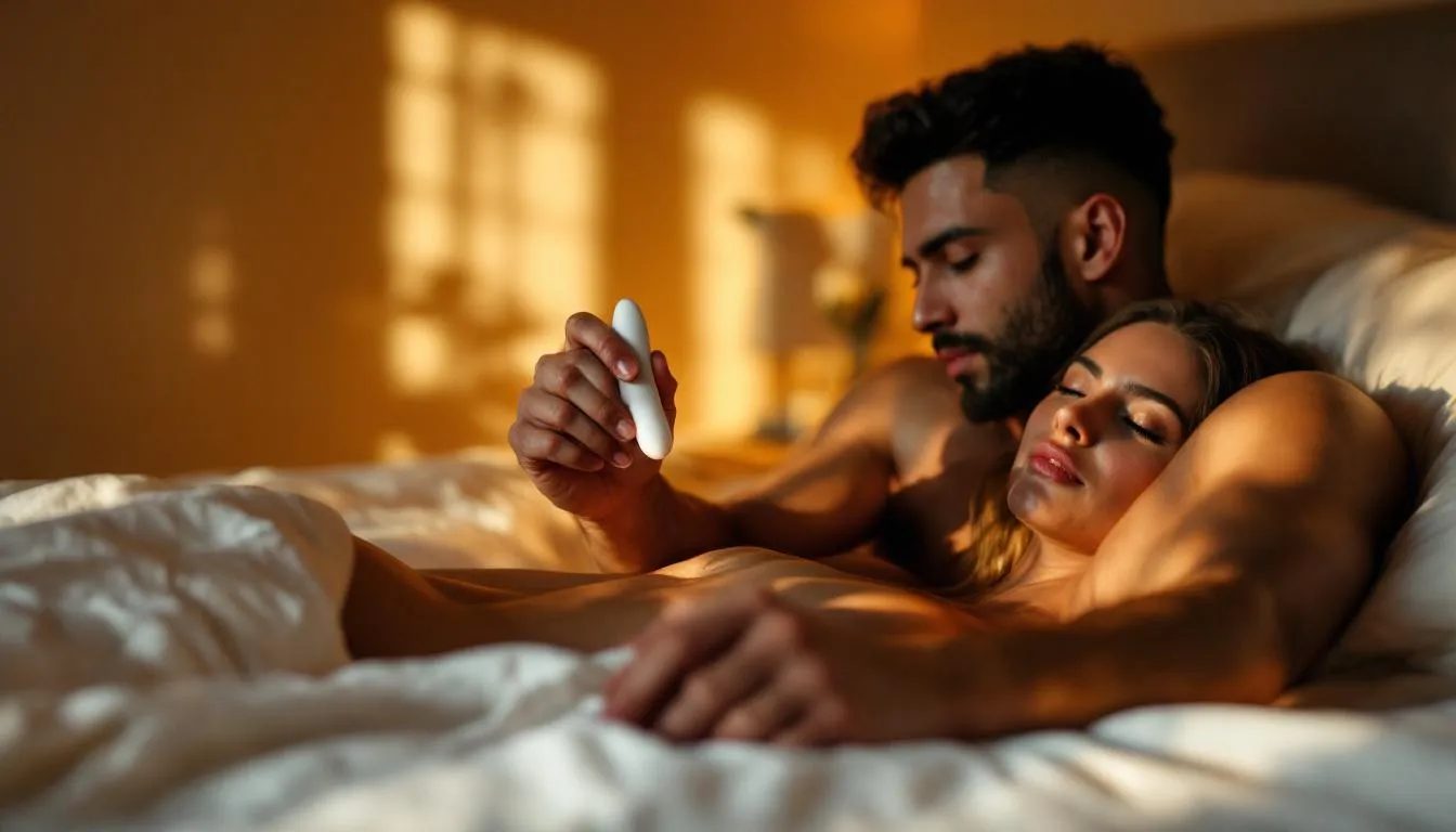 A couple shares an intimate moment in a softly lit room, as one partner gently guides a sleek sex toy across the other's body, focusing on mutual pleasure and exploration. Their expressions convey trust and connection, highlighting the joy of incorporating sex toys into their shared experience.