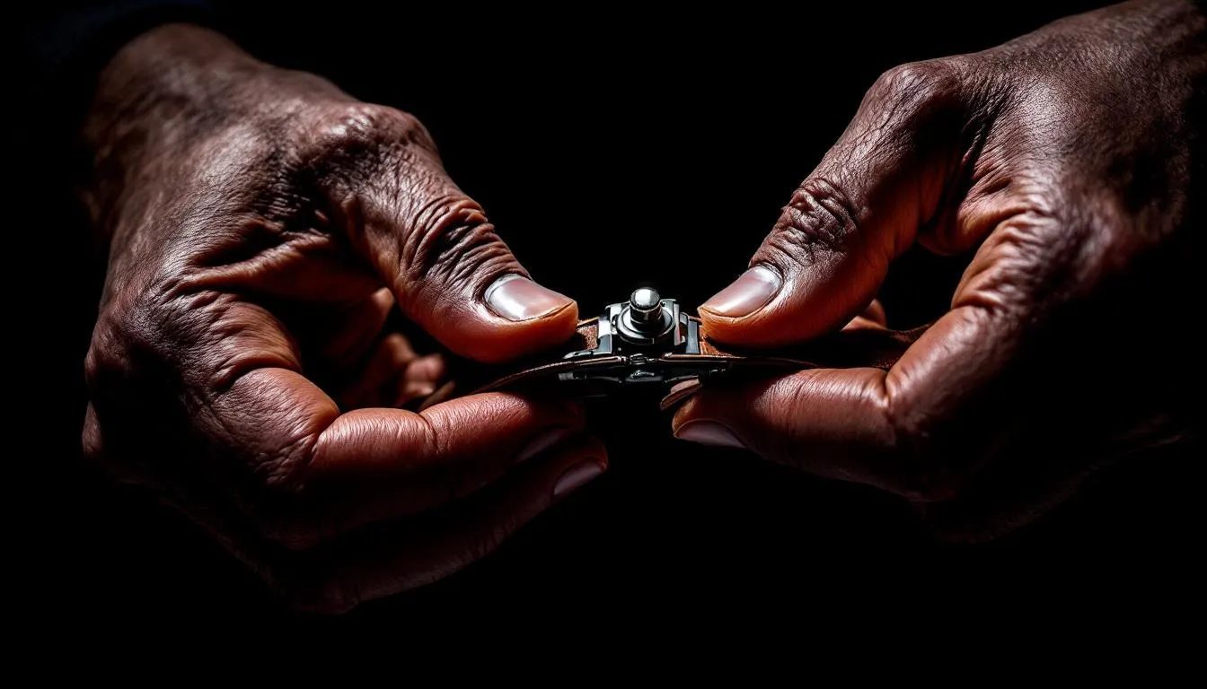 The image depicts two hands delicately fastening a sturdy safety clasp on a leather cuff, illuminated by a focused beam of light against a dark background. This scene emphasizes the importance of safety in BDSM activities, highlighting the careful attention needed to mitigate risks while engaging in edge play and exploring power dynamics.