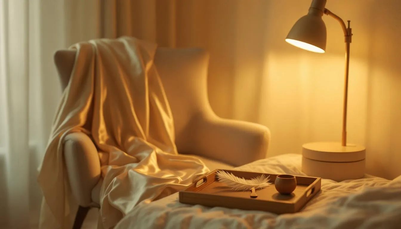 The image depicts a softly lit, intimate bedroom set up for a role play scenario, featuring a luxurious costume draped over a chair alongside a tray of simple props like a silk scarf, wooden spoon, and feather, all arranged to evoke a sense of anticipation and creativity for exploring fantasies. The atmosphere invites playful exploration of different characters and power dynamics, enhancing intimacy and excitement in the role playing experience.