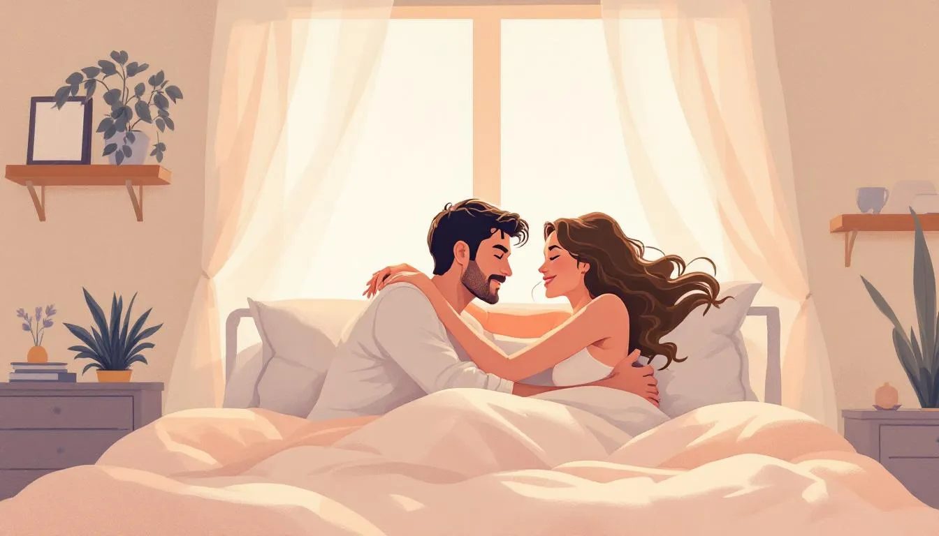 A playful moment between partners using dirty talk to enhance their sexual experience.