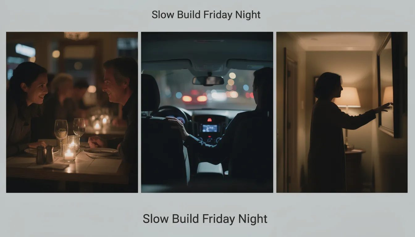 The image depicts a three-panel visual story titled 'Slow Build Friday Night,' capturing a quiet evening filled with sexual tension. The first panel shows a person at dinner leaning in with a cheeky grin, the second features a hand resting on a shoulder in a dimly lit car, and the final panel reveals a silhouette reaching out in soft hallway light, all conveying a sense of anticipation and intimate connection.