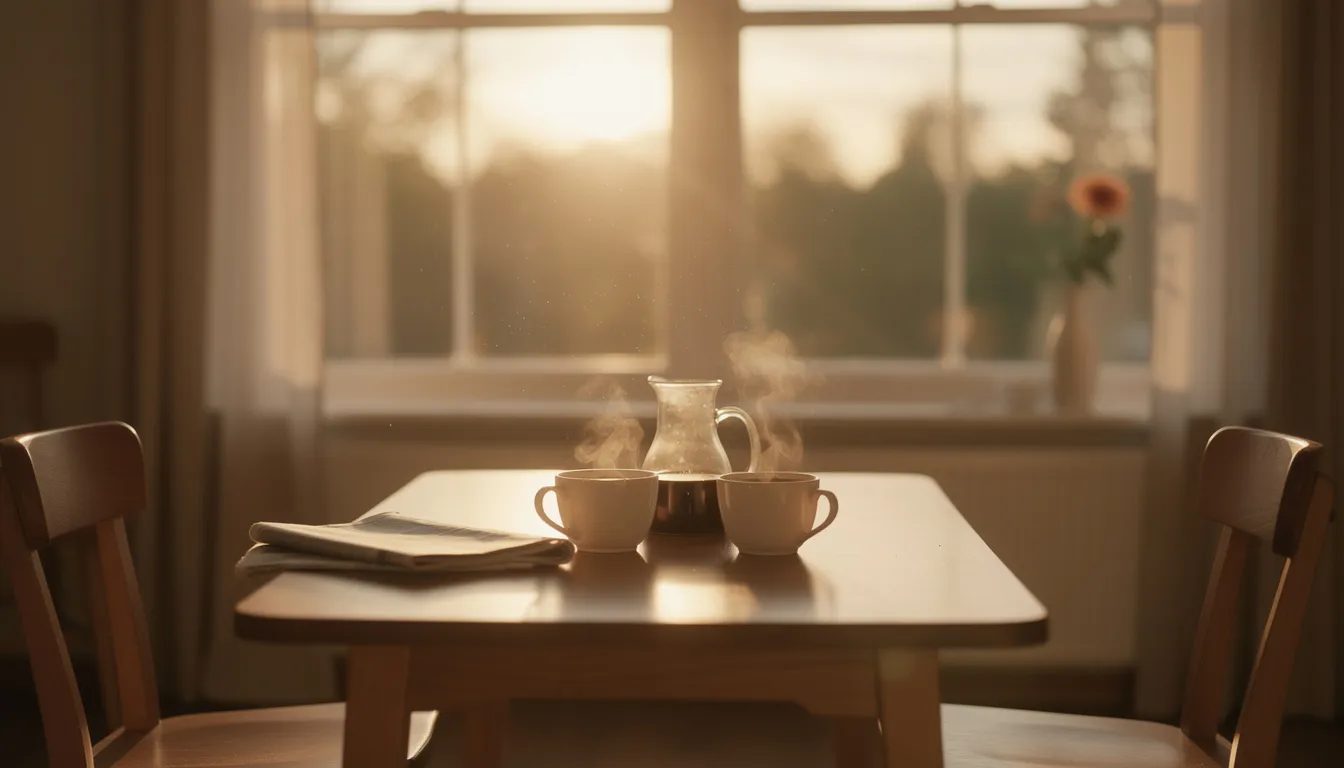 The image depicts a serene morning scene with soft light streaming through the windows, illuminating two coffee cups on a table, creating an intimate atmosphere perfect for enjoying a moment of relaxation and connection. This peaceful setting invites feelings of appreciation and warmth, reminiscent of the gentle praise kink that celebrates the beauty of intimate moments.