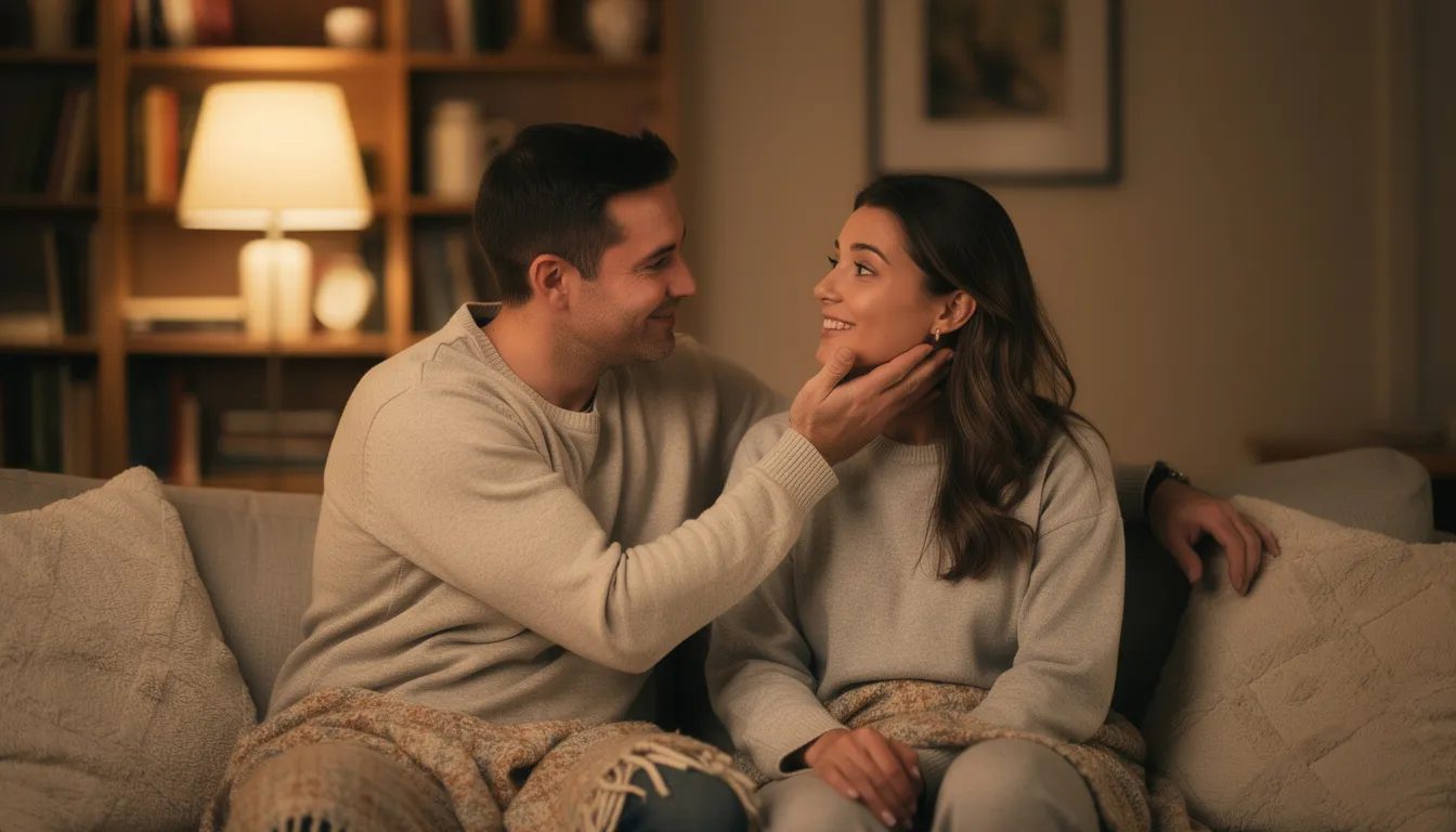 In a softly lit room, a couple shares an intimate moment as one partner gently guides the other's chin, showcasing a warm role reversal in their dynamic. The atmosphere is filled with vulnerability and connection, reflecting a passionate encounter that hints at deeper desires and open communication in their love life.