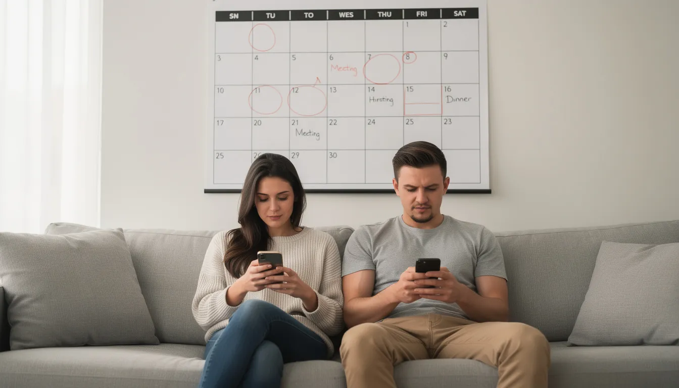 The image shows a couple sitting close together, both focused on their phones, with a calendar visible in the background, suggesting they are planning their next video call to maintain intimacy in their long distance relationship. Their expressions hint at a playful mood, possibly discussing sexy text messages or dirty talk to keep the spark alive.