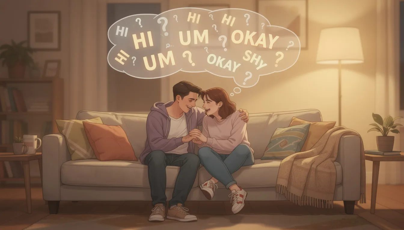 In a softly lit, cozy room, two people sit on a couch, holding hands and sharing an awkward yet warm laugh. Above them, a faint thought bubble filled with jumbled words and question marks hints at their budding connection, capturing the intimate moments of building sexual tension and the playful nature of their relationship.