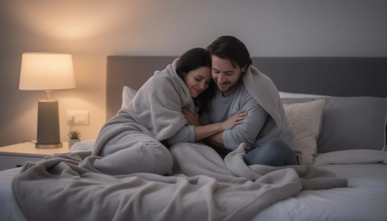The image captures two people cuddling peacefully under soft lighting, wrapped in comfortable blankets, creating an intimate moment filled with warmth and affection. Their closeness evokes a sense of sexual pleasure and positive reinforcement, as they share gentle words of praise and appreciation for each other.