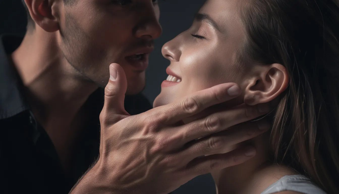 A close-up photograph captures an intimate power exchange between a couple, where the dominant partner's hand gently cups the submissive's jaw, conveying calm confidence. The submissive partner's lowered eyes reflect eager surrender, highlighting the charged sexual tension in this moment of whispered commands and deep emotional connection.