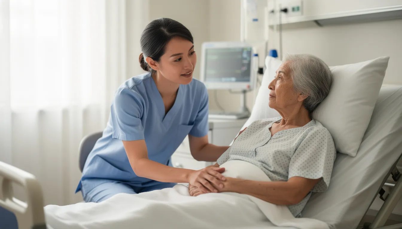 The image depicts a healthcare provider softly speaking to an elderly patient in a hospital room, creating a comforting atmosphere that promotes relaxation and emotional well-being. This intimate interaction may elicit ASMR-like sensations, often associated with soft sounds and personal attention, enhancing the patient's sense of security and care.