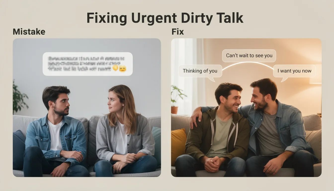 The image features a split-screen comparison of two scenarios for fixing urgent dirty talk. On the left, a disconnected couple is shown with a jarring text bubble labeled 'Mistake,' while on the right, the same couple is smiling and connected, with playful text bubbles like 'Thinking of you' and 'I want you now,' illustrating how lighter, intimate messages can build sexual tension and enhance their love life.