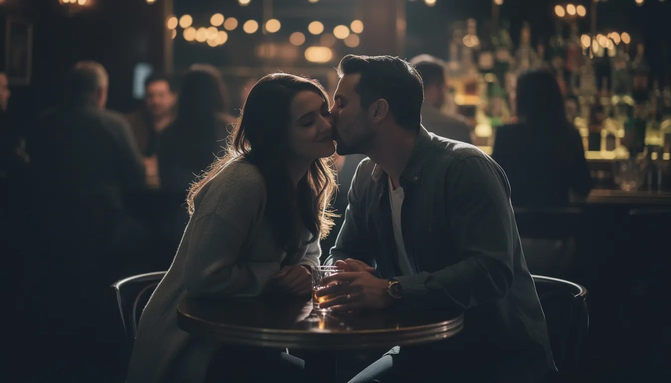 In a dimly lit bar, a couple shares an intimate moment, their bodies close as one leans in to whisper something secretive, creating an electric tension amidst the soft-focus blur of the crowded space. The atmosphere is charged with anticipation, capturing the thrill of their discreet connection, as if they are engaging in a silent, sexy conversation filled with dirty talk and unspoken promises.