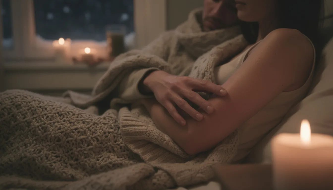 A cozy winter night scene captures a couple wrapped in soft blankets by candlelight, their phones absent as they share an intimate moment. The focus is on a tender touch, with one hand tracing the other's arm, creating a warm atmosphere filled with sensory anticipation and a deeper emotional connection.
