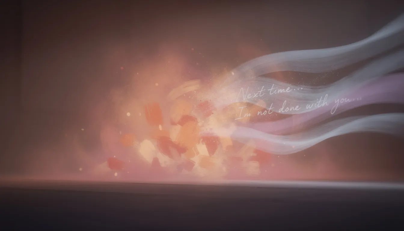 The digital art piece titled "Post-Orgasm Teasing" captures a warm, fading glow of orange and pink, reminiscent of intimate moments filled with sexual tension. Soft whispers like "Next time..." and "I'm not done with you..." gently stir the atmosphere, evoking a sense of anticipation and connection in a hazy, abstract setting.